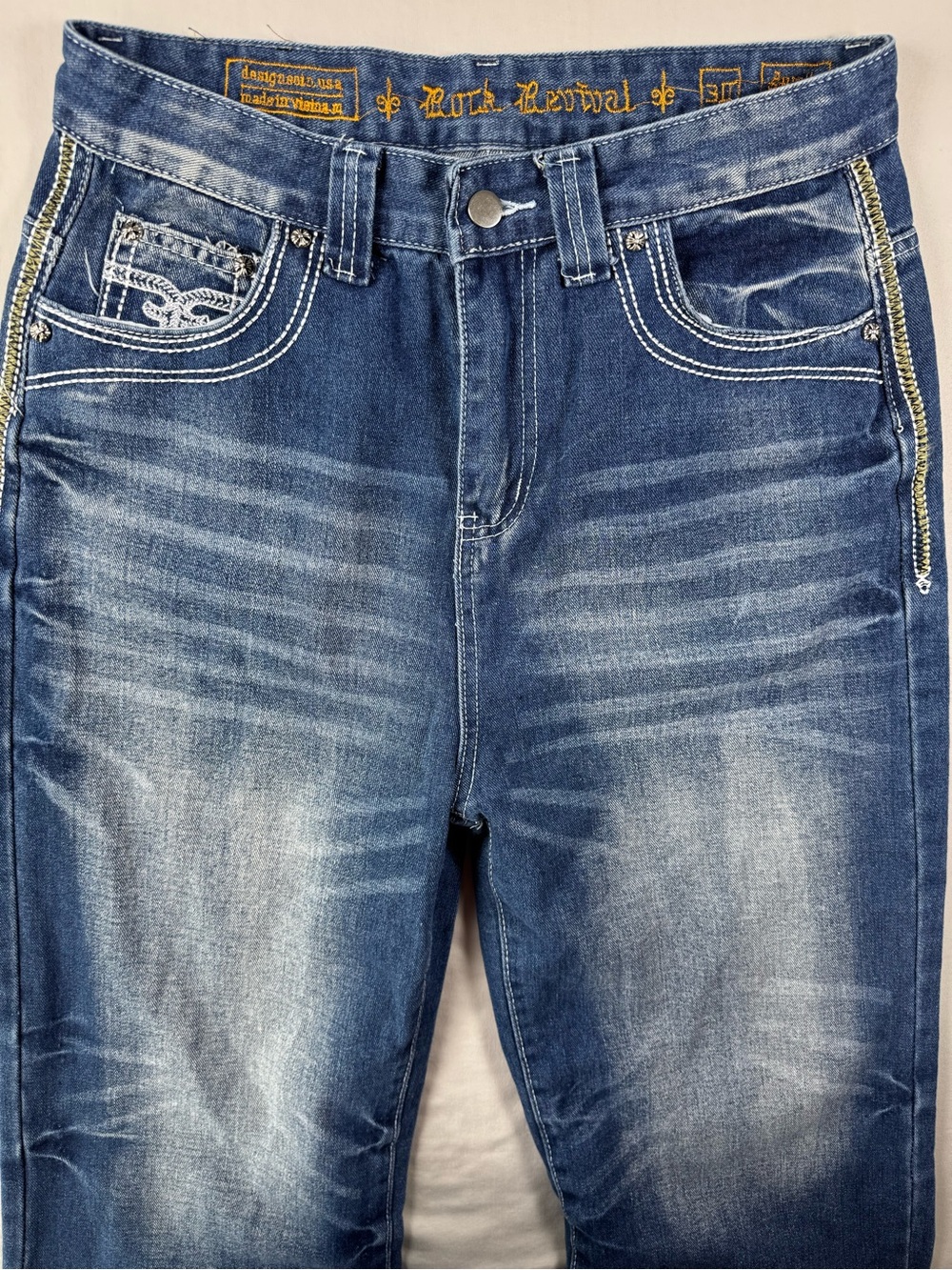 Men’s Y2K Baggy Wide Leg Jeans Embroidered Flap Pocket Medium Wash 30x28 - Picture 4 of 11